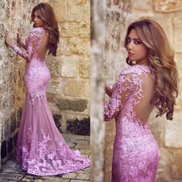 Charming Crew Neck Sequined Appliques 인어 공주 댄스 파티 드레스 2015 Ruched Tulle Open Pink Evening Gowns 섹시한 긴팔 공식적인 드레스