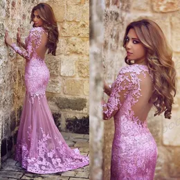 Uroczy Crew Neck Cekinowe Aplikacje Syrenki Prom Dresses 2015 Ruched Tulle Open Back Różowe Suknie Wieczorowe Seksowne Długie Rękawy Formalne Suknie