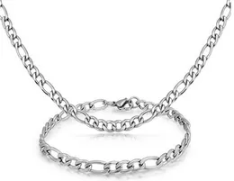 New 22''+8.5'' 316L Stainless Steel Jewlery Set 7mm wide Figaro NK Chain Link necklace & bracelet for Fashion Men Women Gifts Silver Tone