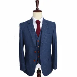 Navy Blue Harringbone Groom Suits Wedding Tuxedos Prom Party Men Suit Notched Lapel Groomsmen Best Men Blazer 3 Pieces Jacket+Pant+Vest