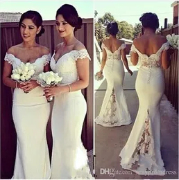 2017 Lace Off Shoulder Mermaid Elegant Long Formal Dresses Women Sweep Train Corset Bridesmaid Dresses For Wedding Covered Button Back Dress