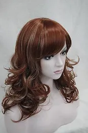 Grossistfri frakt Vacker röd-auburn med blond höjdpunkt lockigt långa syntetiska hår peruk för kvinnor