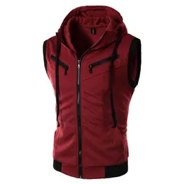 Fall-Men Man Hooded Fickor Vest Ärmlös Casual Godförsäljning Waistcats Burgundy / Ljusgrå / Mörkgrå M / L / XL / XXL