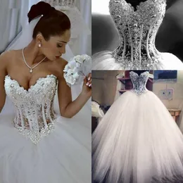 Cheap Bling Ball Gown Puffy Wedding Dresses Sweetheart Lace Appliques Beaded Pearls Tulle Illusion Long Sweep Train Formal Bridal Gowns