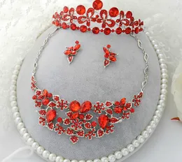 Gratis frakt röd kristall rhinestone bröllop brud fest tiara örhängen halsband smycken set damens fest bröllop tillbehör
