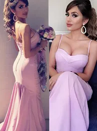 Sexy Spaghetti Mermaid Long Bridesmaid Dresses For Wedding Back Covered Buttons Ruched Satin Maid Of Honor Gowns Women Prom Party Dresses