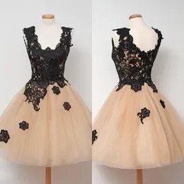 Vintage Puffy Short Prom Dresses Champagne Tulle Cheap Homecoming Dress Scoop Neck Sleeveless Black Lace Appliques Custom Made