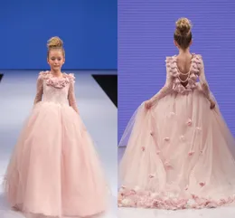 2019 carina ragazze rosa ragazze a concorso abiti gioiello collo pizzo appliques fiori tulle sweep treno aperto indietro bambini ragazze vestito abiti da comunione di compleanno