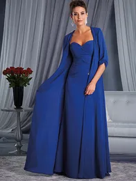 Två delar klänningar kostym plus storlek mor till brud blå med en lång jaket mjukt älskling halsring långa kvällsklänningar