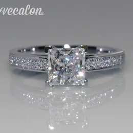 Vecalon prosty pierścionek z biżuterią księżniczka cut 1ct imitacja diamentu Cz 925 Sterling Silver pierścionek zaręczynowy dla kobiet