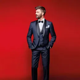 Custom Made Navy Blue Mens Suits Wedding Tuxedos Slim Fit Groomsmen Suit Three Pieces Cheap Formal Suits For Best Men(Jacket +Pants+Vest)