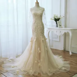 Champagne sereia vestido de noiva longas mangas longas fadas plus tamanho vestidos de casamento puro com rendas applique vestidos nupciais