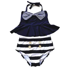 Prettybaby 2016 stora tjejer kjol bikini två bit baddräkter randig seglare skjorta hög midja bikini set navy baddräkt barn