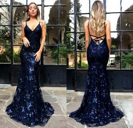 Navy Blue Glitz Koronki Cekinowane Syrenki Prom Dresses 2018 Sexy Deep V Neck Backless Prom Suknie Vestidos de Festa