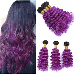 Brasilianska Ombre Lila Virgin Human Hair Extensions Deep Wave Dark Root 1B Purple Ombre Virgin Remy Mänsklig Hårväv Buntar 3st