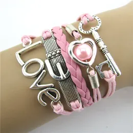 Wholesale-Fabulous Fashion Infinity Heart Love Key Leather Alloy Charm Bracelet Pink Charm Bracelet 3.30