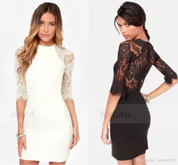 Sexy Sheath High Neckl Short Cocktail Dresses Zipper Back Lace Party Dresses Half Sleeve Prom Formal Evening Dresses In Stock