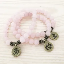 SN1107 Genuine Rose Quartz Bracelet Antique Brass Om Buddha Lotus Charm Bracelet Best Gift For Her