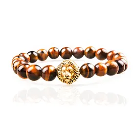 SN0635 Top Sale Wholesale Tiger eye stone bracelet with lion head Gold Natural stone stretchy bracelet for man