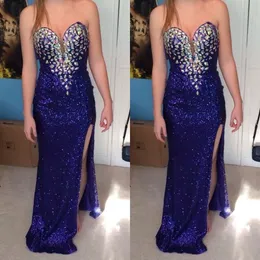 Sparkly Sequins Split Evening Dresses Royal Blue Fitted Sheath Column Colorful Crystals Sweetheart Formal Dress Evening Wear Formal Gowns