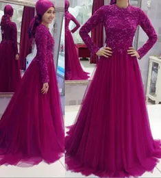 2020 arabski muzułmański purpurowy suknie wieczorowe klejnot szyja linia koronka aplikacja tiul podłoga długość balu Party sukni
