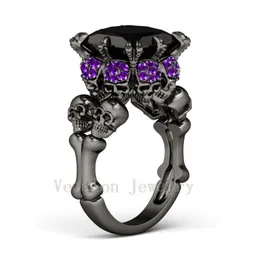 Vecalon Antique Skull Jewelry 3ct Black Simulated Diamond Wedding Band Ring Set for Women Black Gold Filled Female Finger ring