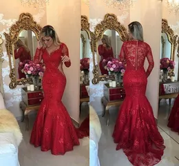 Czerwona Koronkowa Syrenka Prom Dresses Illusion Z Długim Rękawem Sheer Powrót Cutaway Boks Sexy Suknie wieczorowe Sweep Pociąg Plus Rozmiar Arabski Formalny Nosić