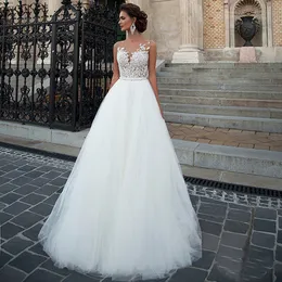 A-line Applique Lace and Nude Color Inside A-line Wedding Dress Elegant Tulle Beading Belt Bridal Dress vestido de noiva