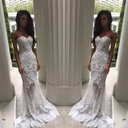 2017 New Sexy Cheap Mermaid Wedding Dresses Sweetheart White Lace Appliques Beaded SweepTrain Sheer Illusion Plus Size Formal Bridal Gowns