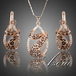 Wholesale-AZORA Rose Gold Plated Austrian Crystals Water Drop Twining With Leopard Riband Earrings and Necklace Jewelry Sets TG0194