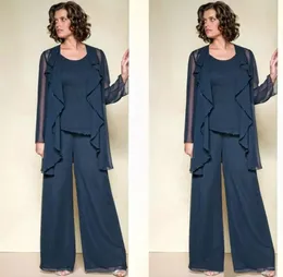 Dark Navy Three Pieces Mother of the Bride Pant Suits Jewel Neck Beaded Wedding Gästklänning Plus Size Billiga mödrar Brudgum Dresses 326 326