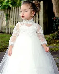 Lovely Lace High Neck Flower Girls Dresses Long Sleeves 2022 Tulle Ball Gowns Little Kids Skirts Princess First Communion Dresses Children