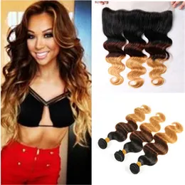 Body Wave 1b 4 27 Honey Blonde Human Hair Bundles With Lace Frontal Closure Dark Roots Hair Wefts With Lace Frontal 13*4