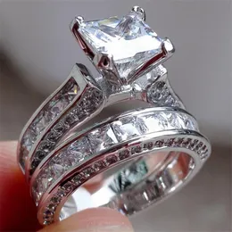 Lyx 100% Riktigt 925 Sterling silver Ring Set 2-i-1 Bröllopsband smycken för kvinnor 15ct 7*7mm Princess-cut Topaz Ädelsten Ringar finger