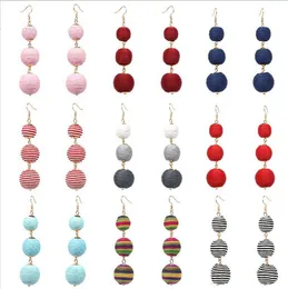 Olika färger 3 POM POM Vattentät vaxlinje Boll Örhängen Bohemian Multi Layer Thread Wrapped Earring för Kvinnor Tjej Smycken Present