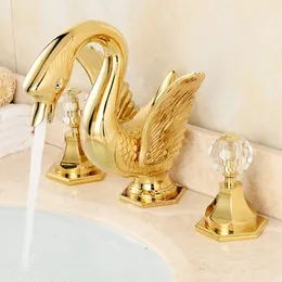 Recém Ouro Banheiro Generalizada 8 polegada Deck Montado Banheiro Bacia Torneira Da Pia Dupla Cristal Punhos Swan Forma