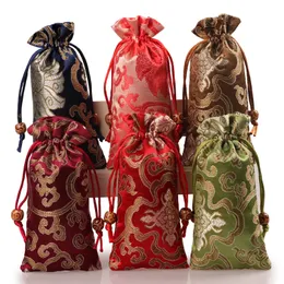 Length Rich Flower Smycken Presentpåse Drawstring Silk Brocade Bag Pärlor Halsband Armband Wood Horns Comb Trinket Storage Pocket 8x16 cm