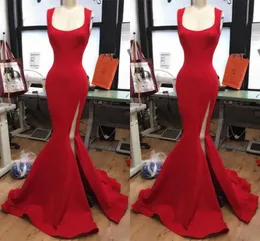 Red Scoop Neckline Evening Gowns 2017 Side High Split Mermaid Prom Dresses Satin Floor Length Formal Party Dresses Free Shipping