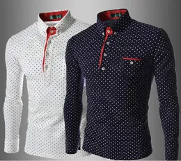 Nowy Mens Casual Wave Point T-shirt Slim Fit Polka Dot Długi Rękaw Koszulka Polo Koszulka Tee Tops Darmowa Wysyłka