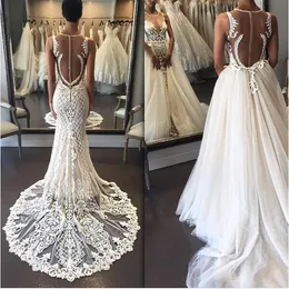 Mermaid Bridal Dresses Jewel Sleeveless Sheer Neck Wedding Dresses Back Zipper With Applique With Detachable Tulle Overskirt Wedding Gowns