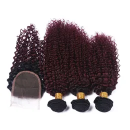 Two Tone 1B/99J Wine Red Ombre Kinky Curly Peruvian Virgin Human Hair Weaves 3Bundles With Dark Roots Burgundy Ombre 4x4 Lace Closure