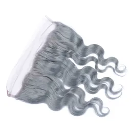 Virgin Peruvian Human Hair Silver Grey Lace Frontal Stängning Blekt Knots Kroppsvåg 13x4 Full Lace Frontal Hårstycken Ren grå färg