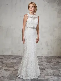 Abito da sposa in pizzo vintage con scollo gioiello e illusione sul retro con chiusura a cerniera e bottoni Abiti da sposa robe de mari￩e