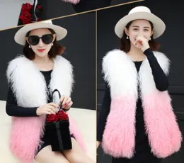 Women's autumn winter luxury real natural mongolian sheep fur full pelt gradient color fur sleeveless coat vest warm medium long casacos