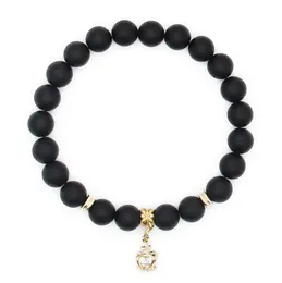 Partihandel 10PS / Parti 8mm A Grade Black Matt Agate Stone Real Gold Plated Crown CZ Beads Charm Armband Party Gift