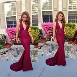 Sexy V Neck Mermaid Burgundy Prom Dresses fast delivery Graduation Evening Gowns vestido de festa longo robe de soiree Formal Party Dress