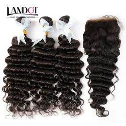 Indian Deep Wave Virgin Human Hair Weaves With Closure Unprocessed Deep Curly Wavy Hair 3 Bundles And Lace Closure Free/Middle Part 4X4Size