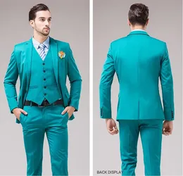 Nieuwste Bruidsjonkers Turquoise Bruidegom Tuxedos Notch Revers Slim Fit mannen Pak Een Knop Beste Man Bruiloft/Diner Suits (Jas + Broek + Vest) J888