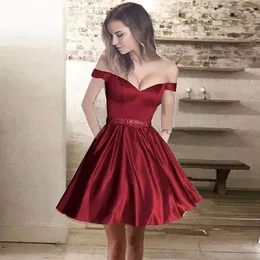 Sexy Fora Do Ombro Tampado Vestido de Festa de Manga Uma Linha Curto Cetim Vestido de Baile Beading Cintura Barato Vestidos de Festa Curto 2019