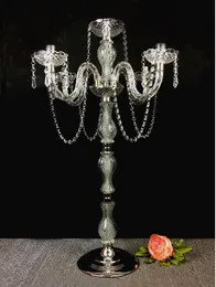 New design 60cm(H) Acrylic 5-lights alloy wedding candelabras with crystal pendants silver plated candle holder